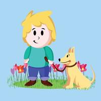 boy walking the dog in a garden, children's illustration, happy, vector