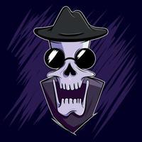 vector illustration skull with hat, face, animated comic, purple colors