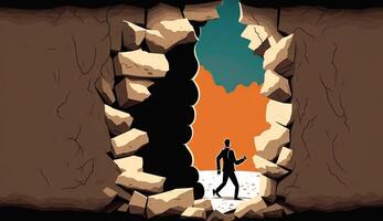 Business concept illustration of businessman insistently looking for way out by breaking the wall. photo