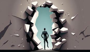 Business concept illustration of businessman insistently looking for way out by breaking the wall. photo