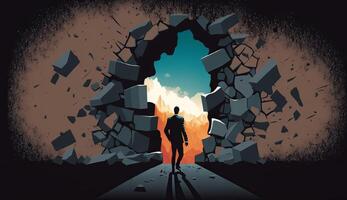 Business concept illustration of businessman insistently looking for way out by breaking the wall. photo