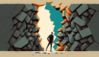 Business concept illustration of businessman insistently looking for way out by breaking the wall. photo