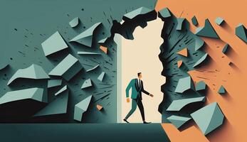 Business concept illustration of businessman insistently looking for way out by breaking the wall. photo