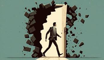 Business concept illustration of businessman insistently looking for way out by breaking the wall. photo