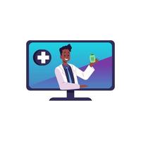 Online drugstore or appointment with doctor, flat vector illustration isolated on white background.