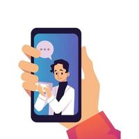 Hand holds phone with online pharmacy service, flat vector illustration isolated on white background.