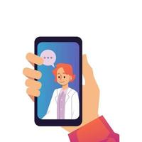 Doctor consulting patient from mobile phone, smartphone in hand, flat vector illustration isolated on white background.
