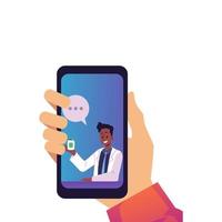 Online chat with pharmacist selling medicine online, hand holds the phone, flat vector illustration on white background.