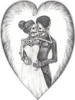 Pareja en amor Boda calaveras mano dibujo y hacer gráfico vector. vector