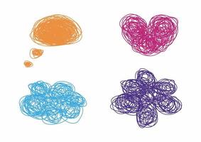 Colorful scribbles set or collection. Heart, flower and speak cloud shapes. vector