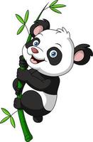 linda bebé panda dibujos animados colgando en el bambú vector