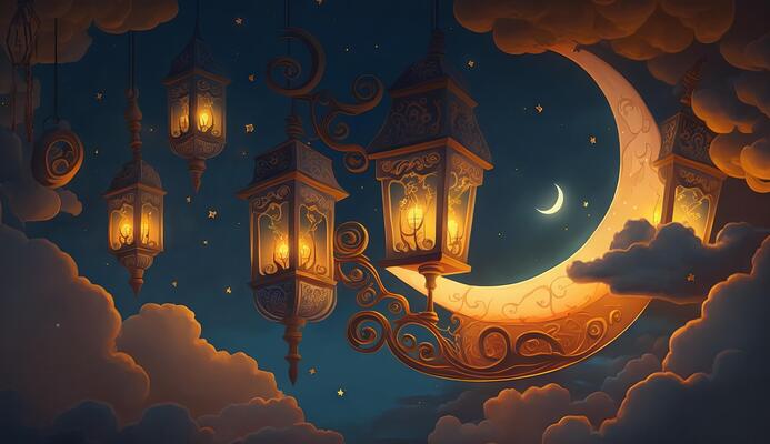 islamic illustration of a crescent moon and realistic clouds with traditional lanterns and candles lighting up the night.