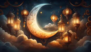 islamic illustration of a crescent moon and realistic clouds with traditional lanterns and candles lighting up the night. photo