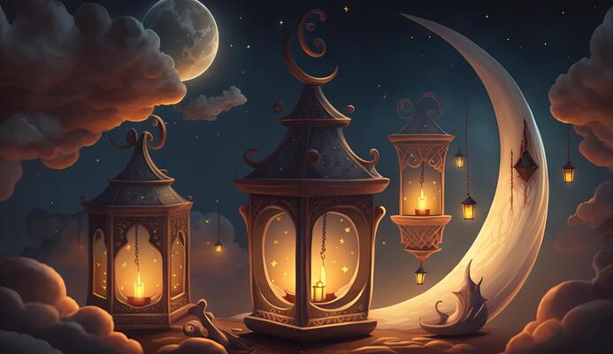 islamic illustration of a crescent moon and realistic clouds with traditional lanterns and candles lighting up the night.