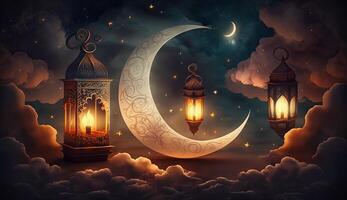 islamic illustration of a crescent moon and realistic clouds with traditional lanterns and candles lighting up the night. photo