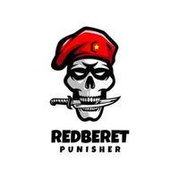 Skull army with red beret biting knife vector