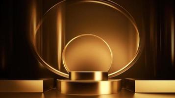 Golden podium with round frame on black background. Award ceremony concept. 3D rendering photo