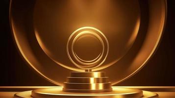 Golden podium with round frame on black background. Award ceremony concept. 3D rendering photo