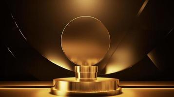 Golden podium with round frame on black background. Award ceremony concept. 3D rendering photo