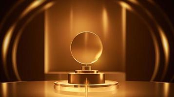 Golden podium with round frame on black background. Award ceremony concept. 3D rendering photo