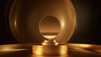 Golden podium with round frame on black background. Award ceremony concept. 3D rendering photo