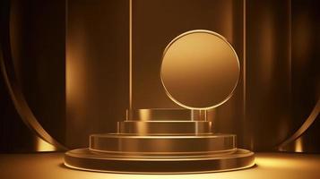 Golden podium with round frame on black background. Award ceremony concept. 3D rendering photo