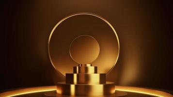 Golden podium with round frame on black background. Award ceremony concept. 3D rendering photo