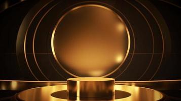 Golden podium with round frame on black background. Award ceremony concept. 3D rendering photo