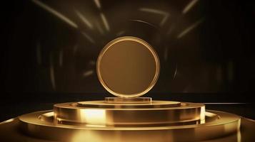 Golden podium with round frame on black background. Award ceremony concept. 3D rendering photo