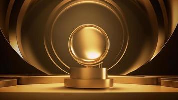 Golden podium with round frame on black background. Award ceremony concept. 3D rendering photo