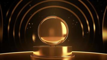 Golden podium with round frame on black background. Award ceremony concept. 3D rendering photo