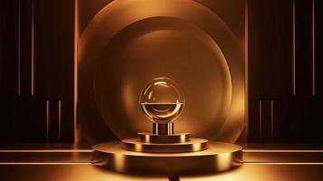 Golden podium with round frame on black background. Award ceremony concept. 3D rendering photo