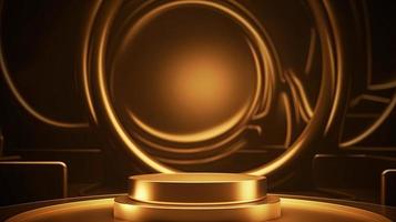 Golden podium with round frame on black background. Award ceremony concept. 3D rendering photo