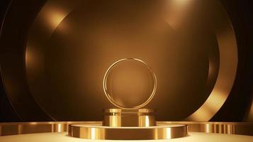 Golden podium with round frame on black background. Award ceremony concept. 3D rendering photo