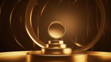 Golden podium with round frame on black background. Award ceremony concept. 3D rendering photo