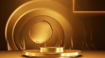 Golden podium with round frame on black background. Award ceremony concept. 3D rendering photo