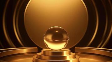 Golden podium with round frame on black background. Award ceremony concept. 3D rendering photo