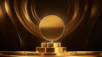 Golden podium with round frame on black background. Award ceremony concept. 3D rendering photo