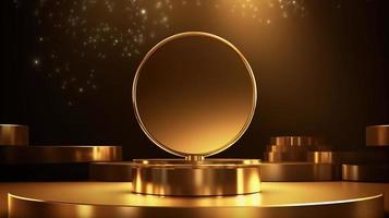 Golden podium with round frame on black background. Award ceremony concept. 3D rendering photo