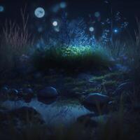 Night fairytale landscape.Dark illustration of meadow after rain in night light.. photo