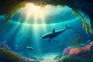 Swimming dolphins at the bottom of the sea with sunbeams.Ocean colorful background with light flare dolphins and small yellow fish.. photo