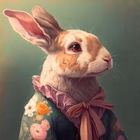 A cute rabbit with pink ears in a smart robe with flowers. A bunny in a Chinese robe decorated with flowers.. photo