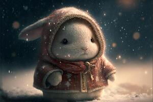 Cute baby rabbit in a jacket with a hood on a background of snow.White little rabbit stands in the snow New Year's illustration.. photo