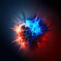Abstract bright illustration of a red-blue explosion with smoke and light.Bright colored cloud of smoke sparks and rays of light.. photo