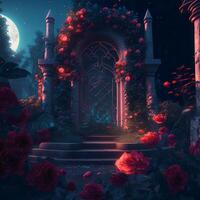 Dark gothic illustration of a rose garden against a forged door with steps. . photo