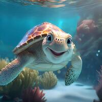 A cute cartoon smiling sea turtle swims in the blue ocean.Underwater landscape.. photo