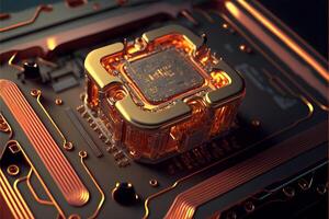 Circuit board and cpu close up with orange glow. Quantum computer concept. . photo