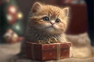 A ginger kitten with cute eyes lies next to a gift in a red wrapper and a golden bow. Festive illustration with a blurred background and bokeh. . photo