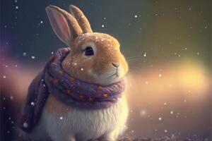 Red and white chubby bunny in a purple scarf with copyspace.Christmas illustration of a plump bunny wearing a scarf.. photo