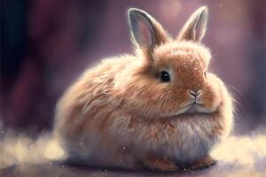 Ginger chubby bunny with fluffy fur sitting on the snow on a blurred background.. photo